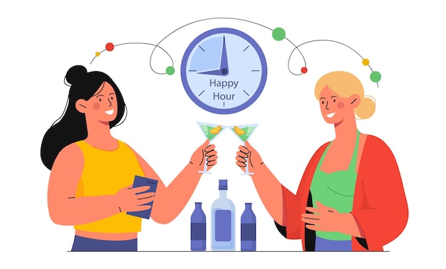 Mujeres bebiendo alcohol en la hora feliz Chicas jóvenes de pie con vasos con bebidas Concepto de bebidas alcohólicas y cócteles Anuncio de bar o cafetería Ilustración de vector plano de dibujos animados