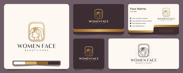 Mujeres de belleza, cuidados de belleza, rostro de mujeres, color dorado, elegancia, banner y tarjeta de presentación, inspiración para el diseño de logotipos