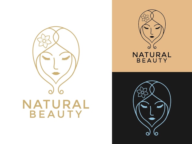 Mujeres con belleza con diseño de logotipo de flores Arte de línea belleza natural mujeres cara y cabello vector de logotipo