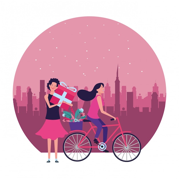 Mujeres con bicicleta y regalo redondo ilustración