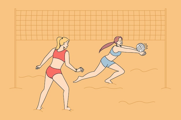 Mujeres en bikini jugando voleibol en la playa