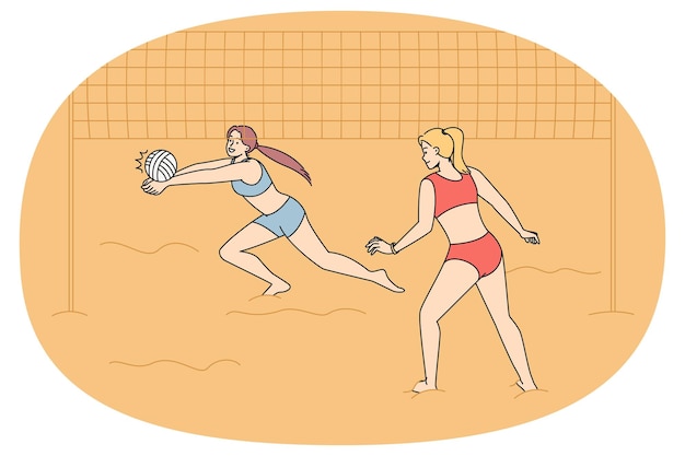 Mujeres en bikini jugando voleibol en la playa