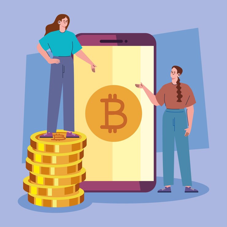 Vector mujeres y bitcoin en smartphone