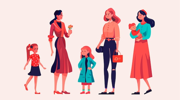 Mujeres caminando con hijas pequeñas familia amorosa paternidad concepto de cuidado de niños plantilla de tarjeta del día de la madre niñas pasando tiempo con niños ilustración de vector de longitud completa horizontal