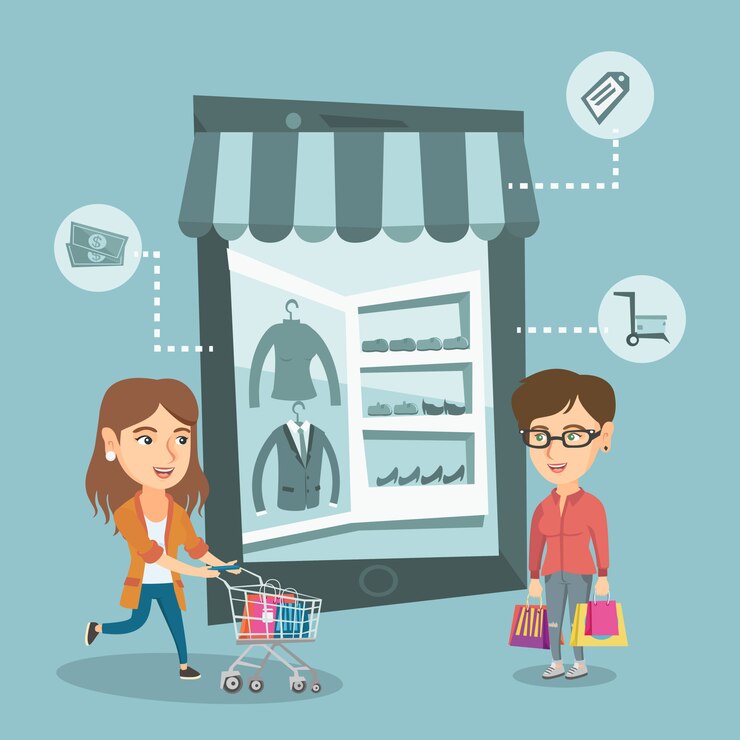 Vector mujeres caminando en una tienda que parece una tableta.