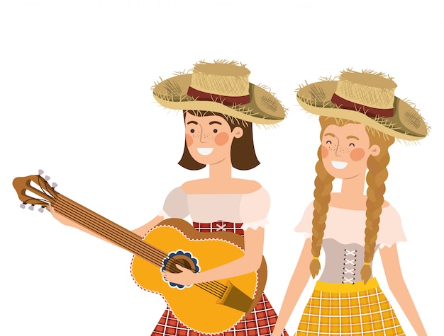 Mujeres campesinas con instrumentos musicales.