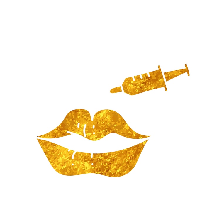 Vector mujeres cara belleza cirugía plástica relleno de labios dibujo en estilo de color dorado