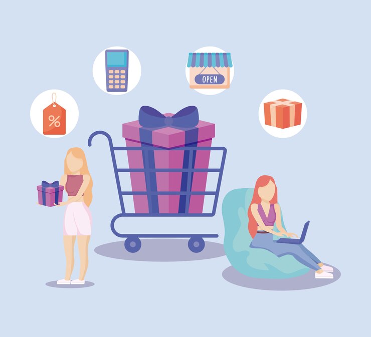 Vector mujeres con carrito de compras y establecer iconos