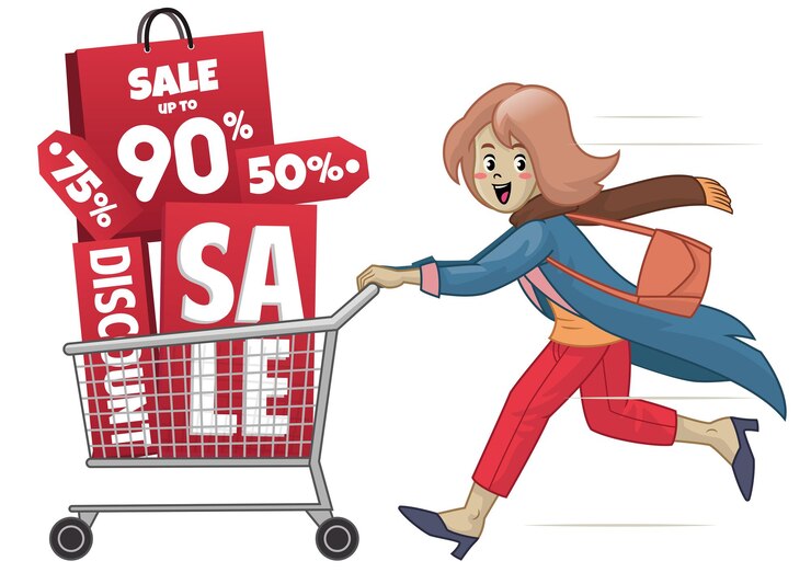 Vector mujeres con carrito y promoción de venta de compras.