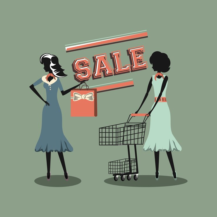 Vector mujeres con el carro de compras retro y el comercio de venta de bolsos