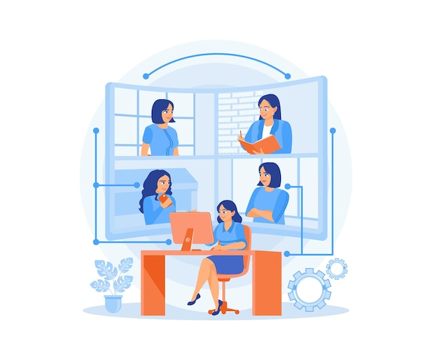 Vector las mujeres celebran reuniones en línea con gerentes y otros compañeros de trabajo concepto de trabajo remoto concepto de videoconferencia ilustración de vector plano