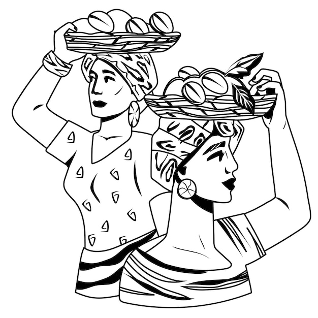 Mujeres con cestas de café en ilustración vectorial en blanco y negro aisladas