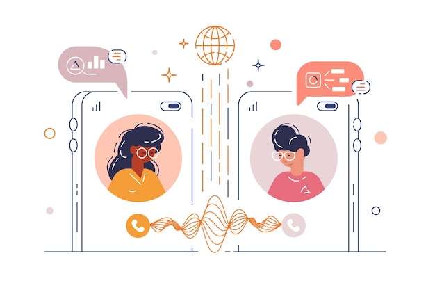 Mujeres chateando a través de una aplicación de teléfono móvil ilustración vectorial amigos mensajería a través de aplicación de internet de teléfono inteligente estilo plano medios sociales y concepto de comunicación virtual