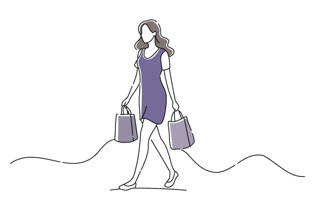 Mujeres de compras garabatean ilustración vectorial de arte de línea continua
