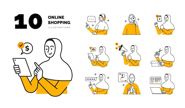 Vector mujeres de compras en línea modernas simples con conjunto de ilustración de hijab