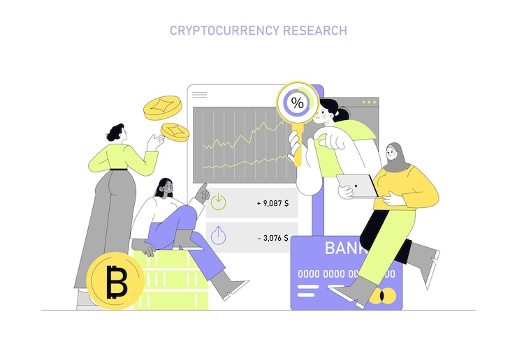Vector mujeres en concepto de tecnología analizando tendencias de criptomonedas y colaboración de datos de mercado en digital