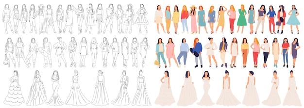 Mujeres conjunto boceto sobre fondo blanco contorno vector aislado