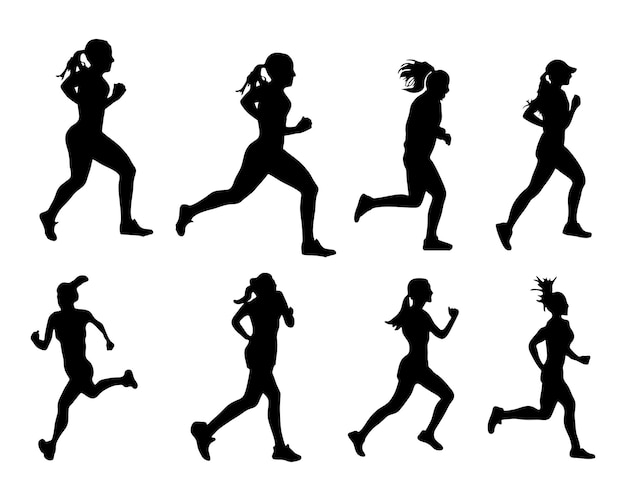 Mujeres corriendo conjunto vectorial de siluetas aisladas.