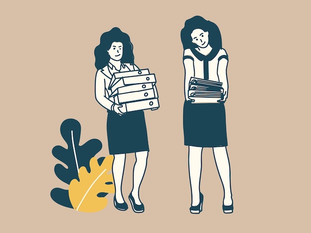Vector las mujeres dan carga de trabajo hacia o la mujer compartiendo carga de trabajo sobre la carga de trabajo ocupado dibujo de ilustrador de concepto