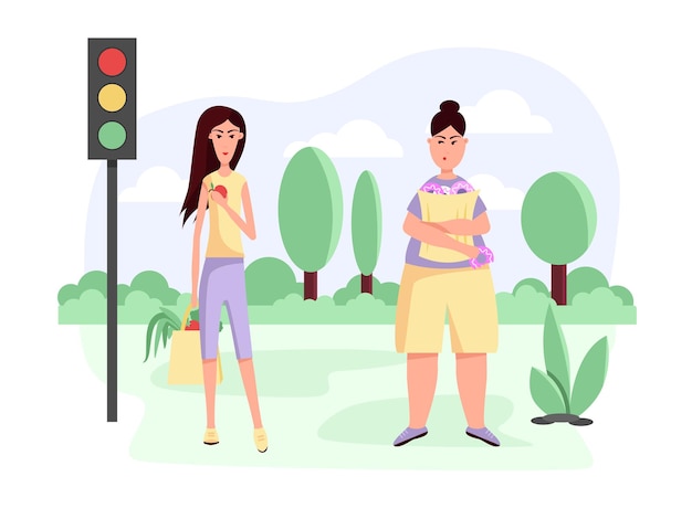 Mujeres delgadas y gordas con comida de bolsa de papel del supermercado Obesidad Estilo de vida saludable y no saludable