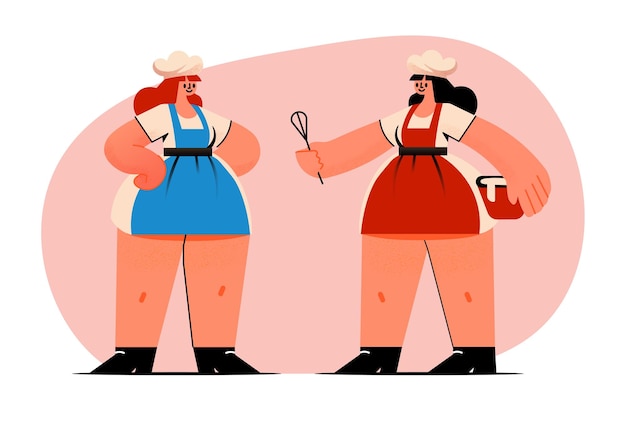 mujeres de dibujos animados con delantal y sombrero de chef sosteniendo un batidor Diseño de personajes planos Banderas de cocina de panadería