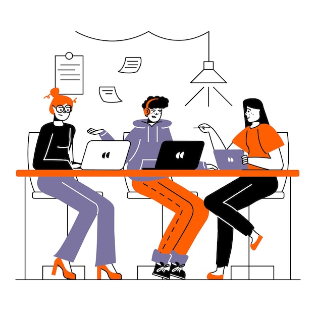 Mujeres de dibujos animados sentadas en una mesa trabajando en portátiles y discutiendo el trabajo en el coworking
