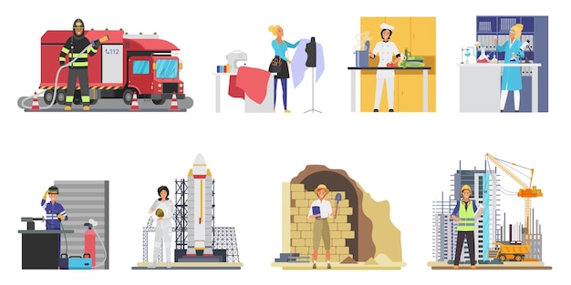 Mujeres de diferentes profesiones en el lugar de trabajo set mujer astronauta y sastre constructor