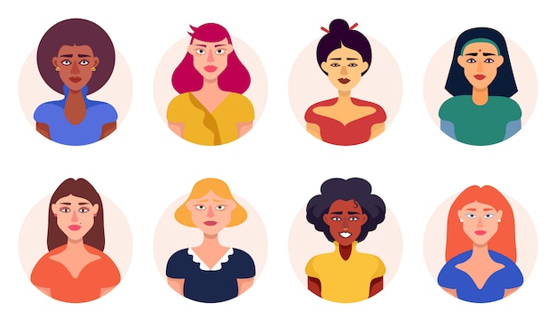 Mujeres de diferentes razas Avatar Icons Set Vector plano