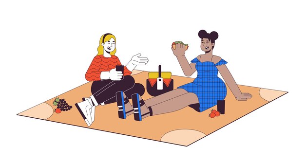 Mujeres de diferentes tamaños haciendo picnic personajes de dibujos animados lineales en 2D