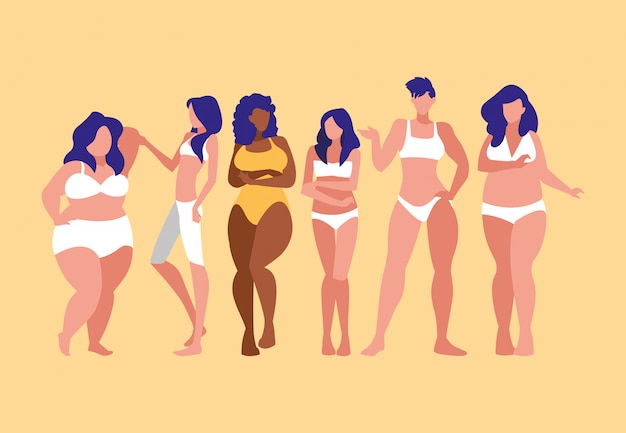 Vector mujeres de diferentes tamaños y razas modelando ropa interior