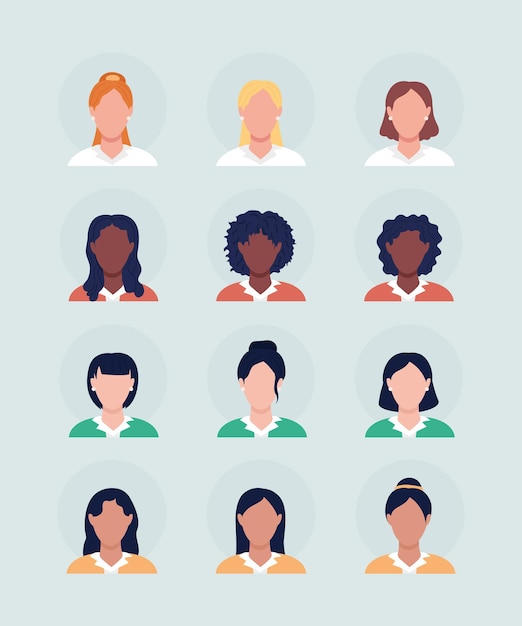 Mujeres con diferentes tipos de avatar de caracteres vectoriales de color semi plano de cabello. Estilo casual. Retrato de vista frontal. Ilustración de estilo de dibujos animados moderno aislado para diseño gráfico y paquete de animación