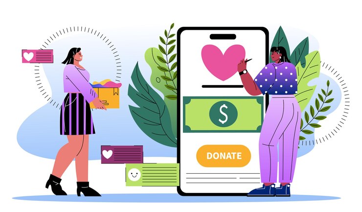 Vector mujeres con donación niñas jóvenes con dinero y caja con ropa generosidad y bondad activistas y voluntarios de fondos de caridad apoyo de la comunidad y la sociedad ilustración de vector plano