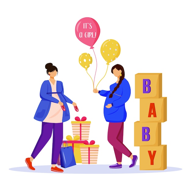 Las mujeres embarazadas con baby shower regalos ilustración plana. futuras madres esperando a la niña. señoras preparándose para maternidad personajes de dibujos animados aislados sobre fondo blanco.