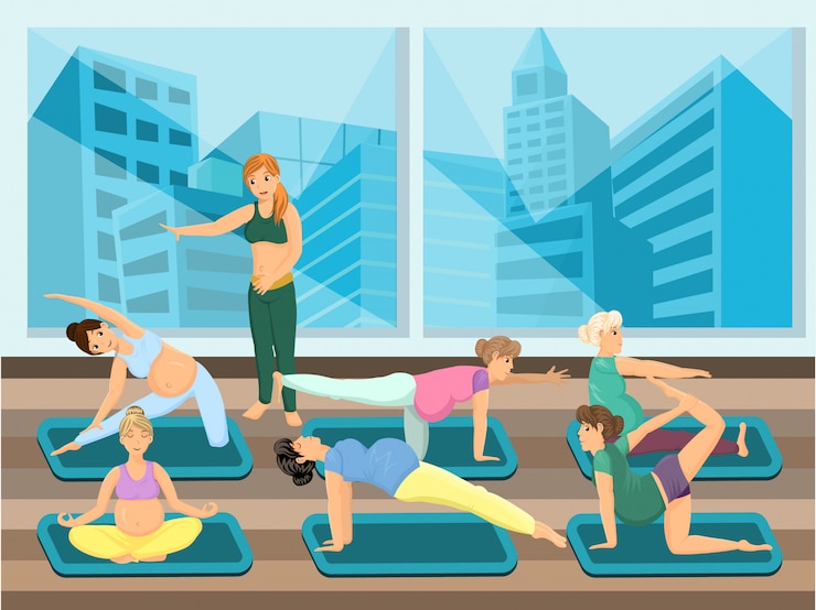 Vector las mujeres embarazadas hacen yoga con instructor