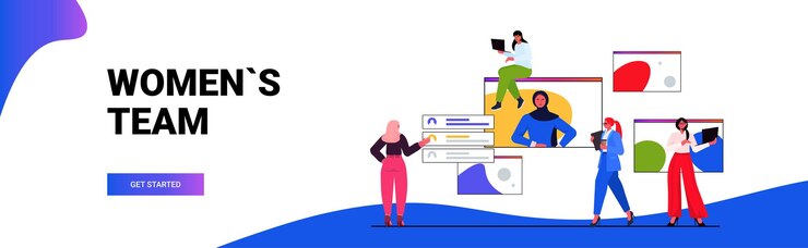 Vector mujeres empresarias que tienen reunión de conferencia en línea mujeres de negocios discutiendo durante la videollamada con la líder en la ventana del navegador web ilustración vectorial horizontal