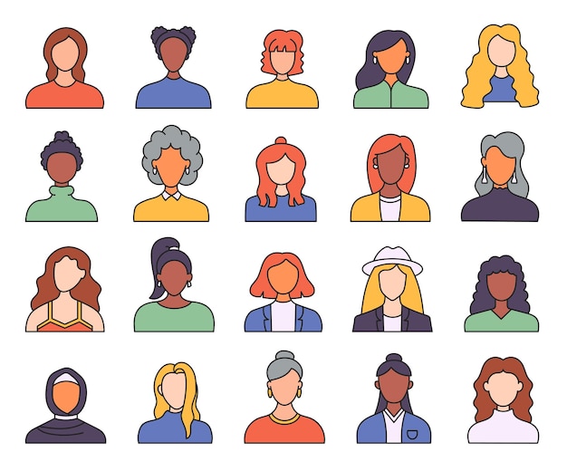 Las mujeres se enfrentan a avatares persona desconocida o anónima Profilo de usuario diferente Estilo dibujado a mano