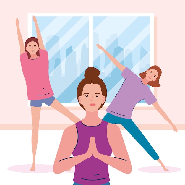 Vector mujeres del equipo haciendo yoga
