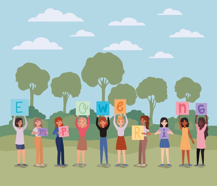 Vector mujeres con estandartes, árboles, arbustos y nubes