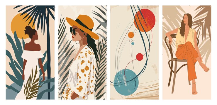 Vector mujeres con estilo y carteles de arte abstracto conjunto de ilustraciones vectoriales