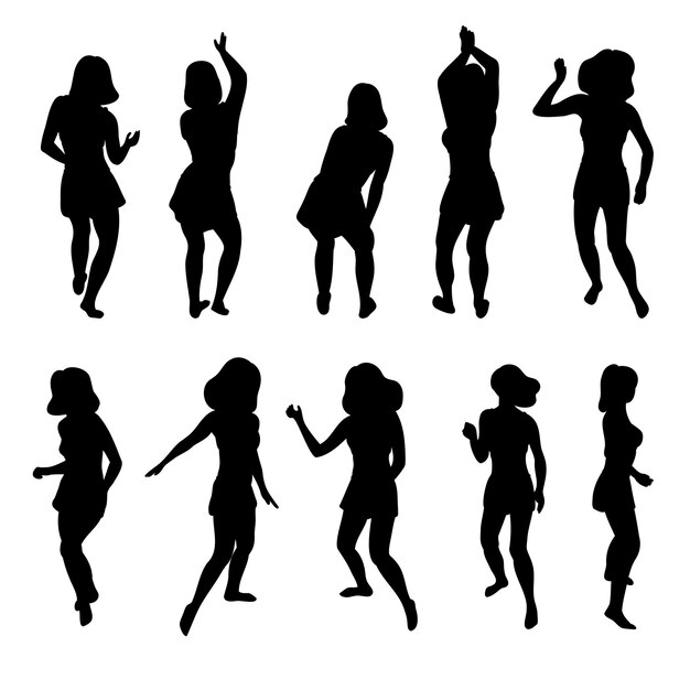 Mujeres de falda corta bailando siluetas negras Conjunto de formas de chica discoteca en movimiento Poses abstractas de fiesta