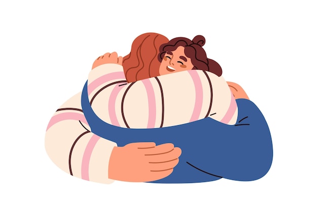 Vector mujeres felices abrazando chicas emocionadas contentas de recibir la bienvenida con un cálido abrazo sonrientes amigas hermanas abrazándose reunión tan esperada ilustración vectorial plana aislada sobre fondo blanco