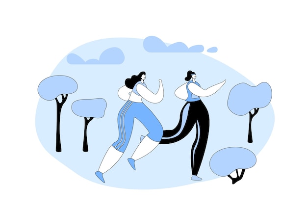 Mujeres felices en ropa deportiva Correr Actividad Correr Sprint o Maratón de la ciudad en el fondo del paisaje natural