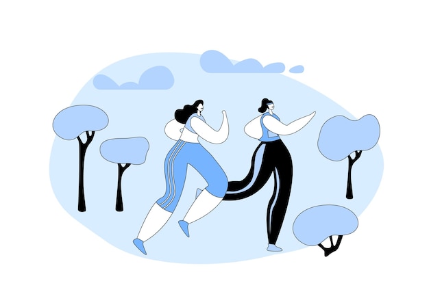 Mujeres felices en ropa deportiva correr actividad correr sprint o maratón  de la ciudad en el fondo del paisaje natural | Vector Premium