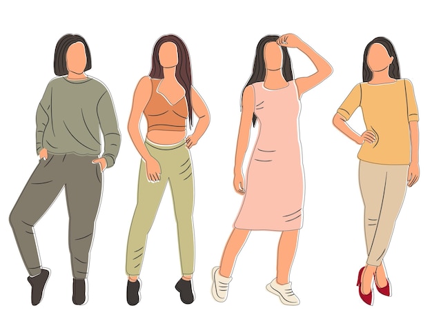 mujeres, gente, bosquejo, contorno, vector