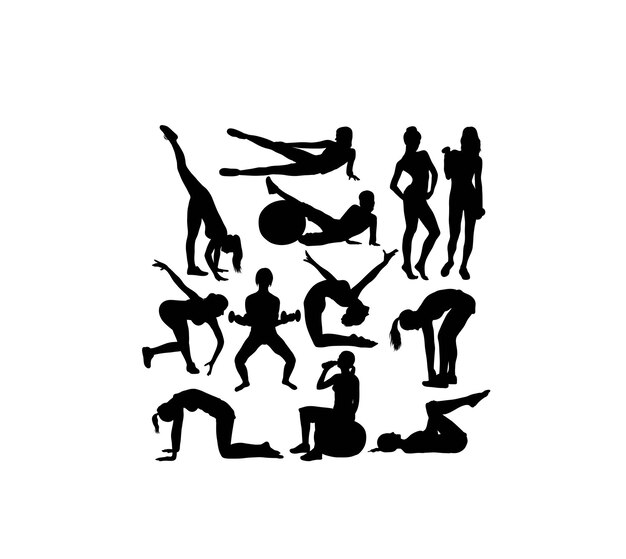 Mujeres, gimnasio, fitness, ejercicio, actividad, siluetas, arte, vector, diseño