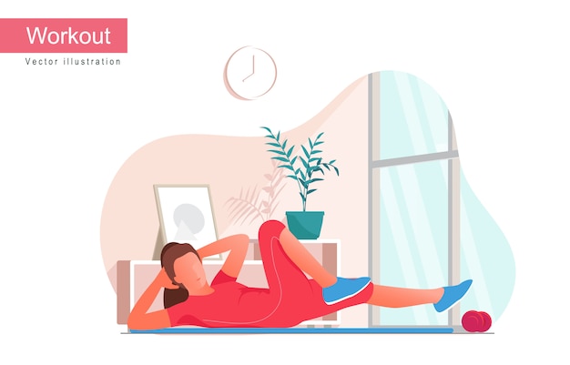 Mujeres haciendo ejercicios de abdominales en bicicleta, ilustración vectorial plana