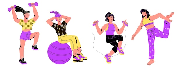 Mujeres haciendo varios ejercicios deportivos ilustraciones vectoriales planas aisladas en fondo blanco
