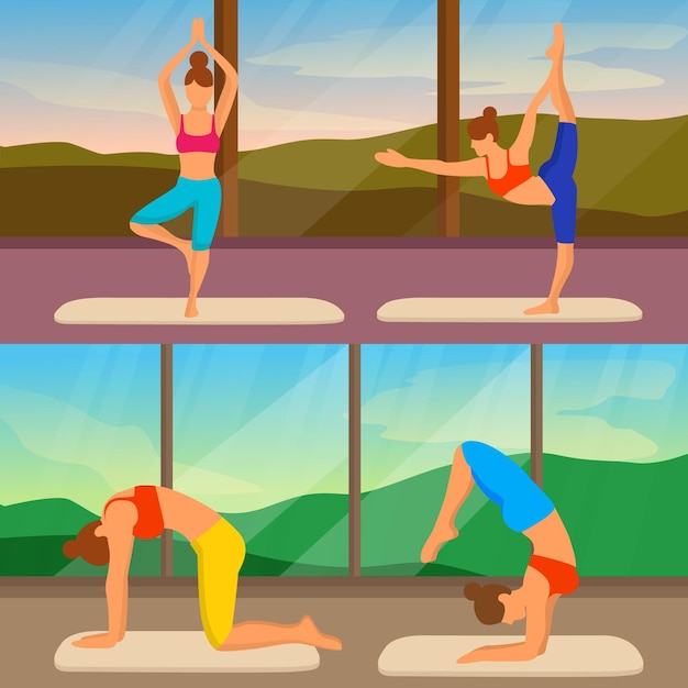 Mujeres haciendo yoga en el gimnasio Relajación y meditación en el fondo de la naturaleza