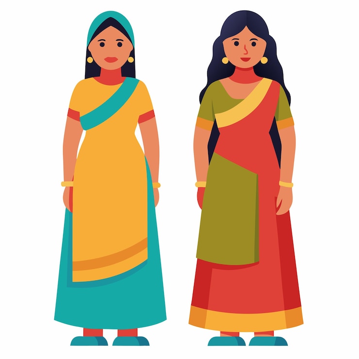 Vector mujeres hermosas en trajes tradicionales indios y asiáticos clip art e ilustraciones para diseño cultural