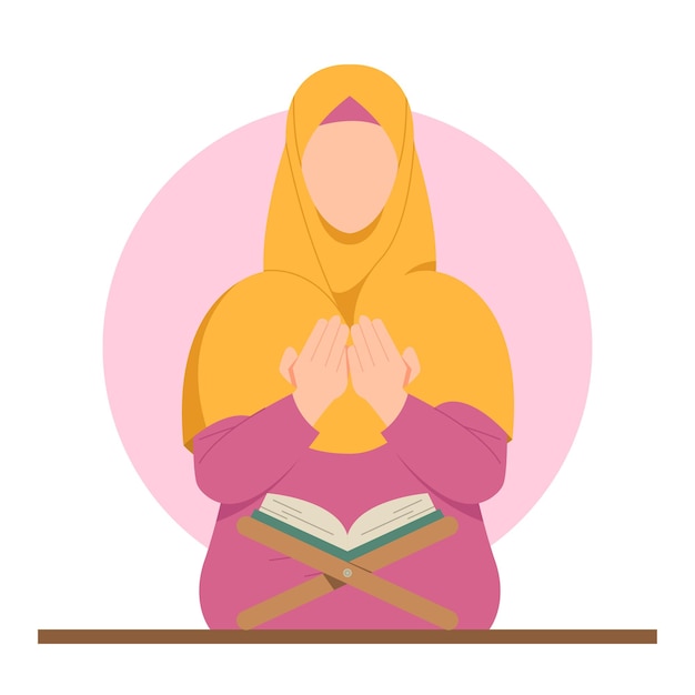 Mujeres con hijab leyendo Corán Feliz Eid Mubarak y Ramadán